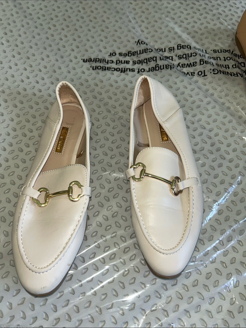 Primark White Leather Slip-On Loafers with Gold Bit